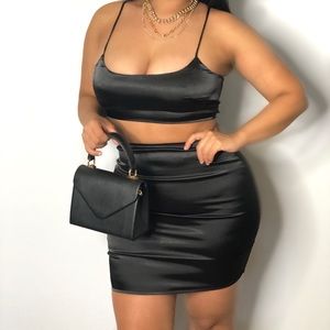 Black Satin Skirt Crop Top Set 2 Piece